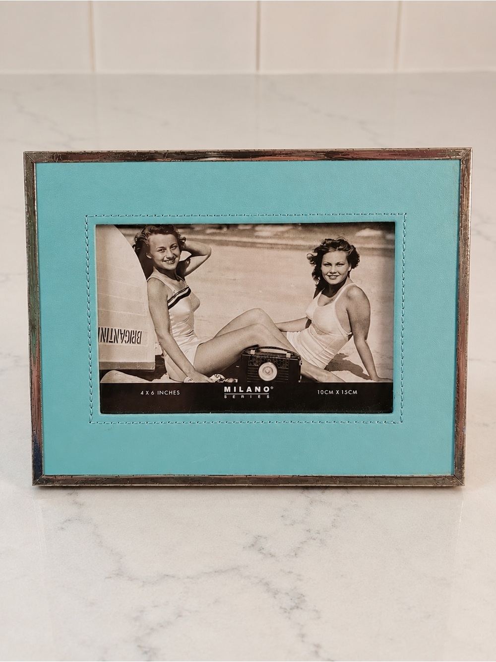 Vintage Milano Series Turquoise Leather 4x6 Photo Frame Silver-Tone Metal